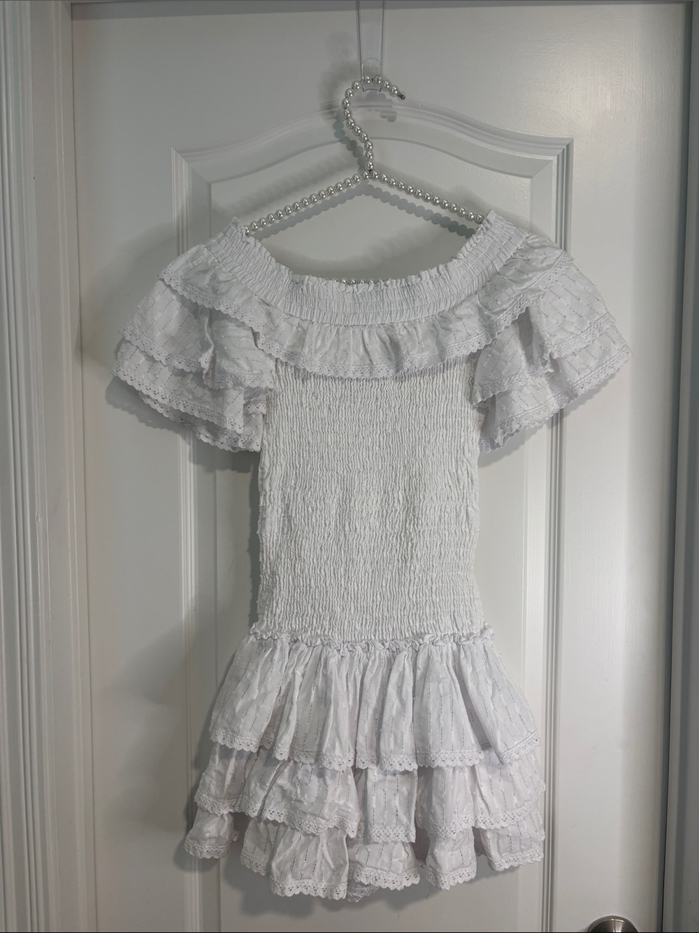 Misa Los Angeles White Ruffled Off-Shoulder Tiered Mini Dress